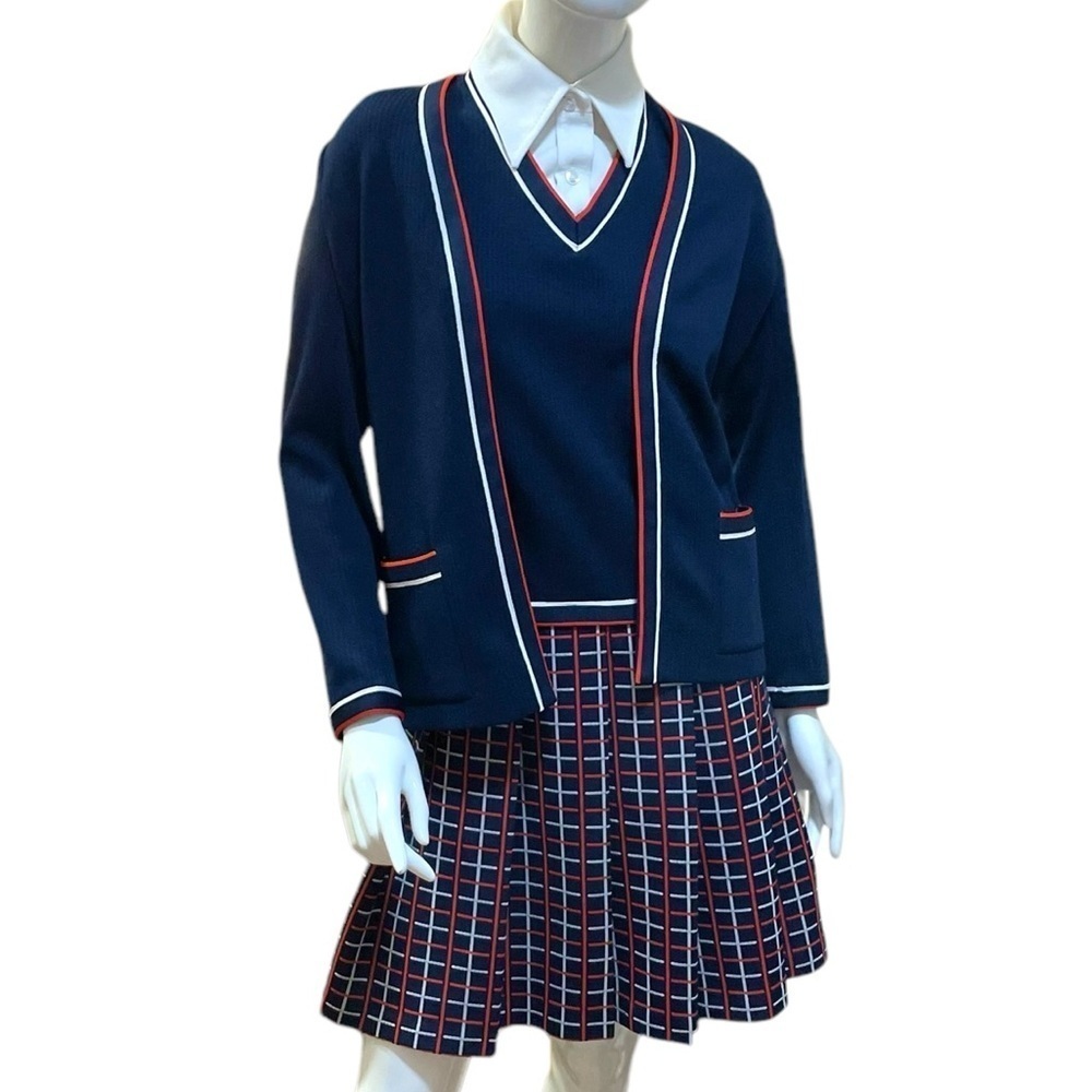 Vintage 1970s Butte Knit Navy Blue Plaid Drop waist Dress Cardigan Knit Set M